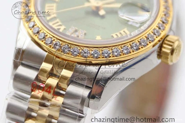 1219 Bright Lady DateJust 28 SS YG TWF Diamonds Bezel 1:1 Best Edition Green Dial Roman Markers on Jubilee Bracelet NH 2135